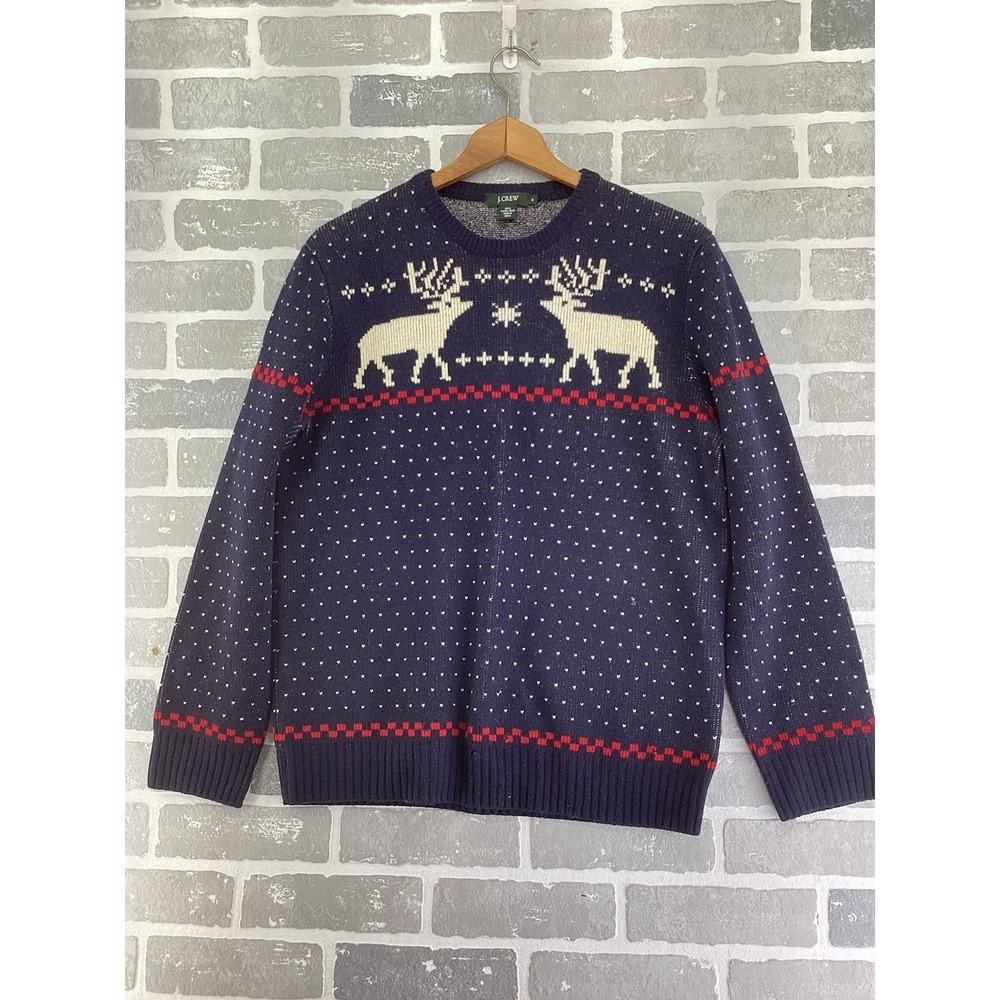 Vintage J Crew Sweater Mens Medium Blue Lambs Wool Reindeer Nordic Pullover